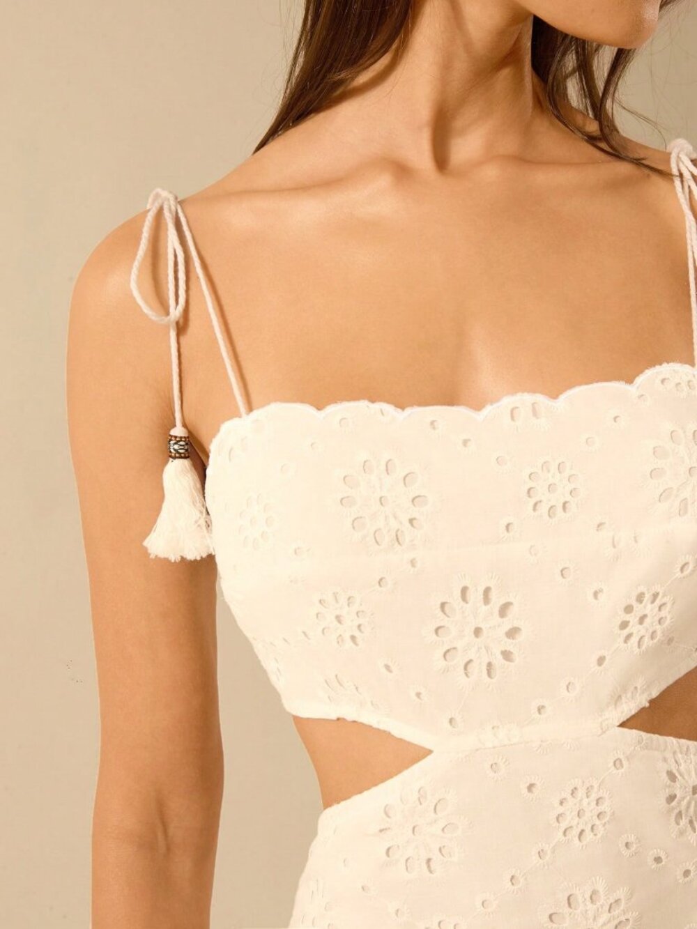 White Boho Women's Eyelet Detail Spaghetti Tie Strap Tassle Midi Dress - Picture 5 of 8